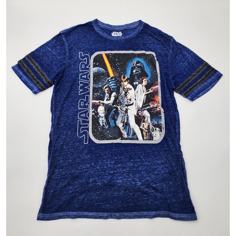 STAR WARS Women's Navy Blue Sheer Short Sleeve Graphic Tee Small Luke Skywalker